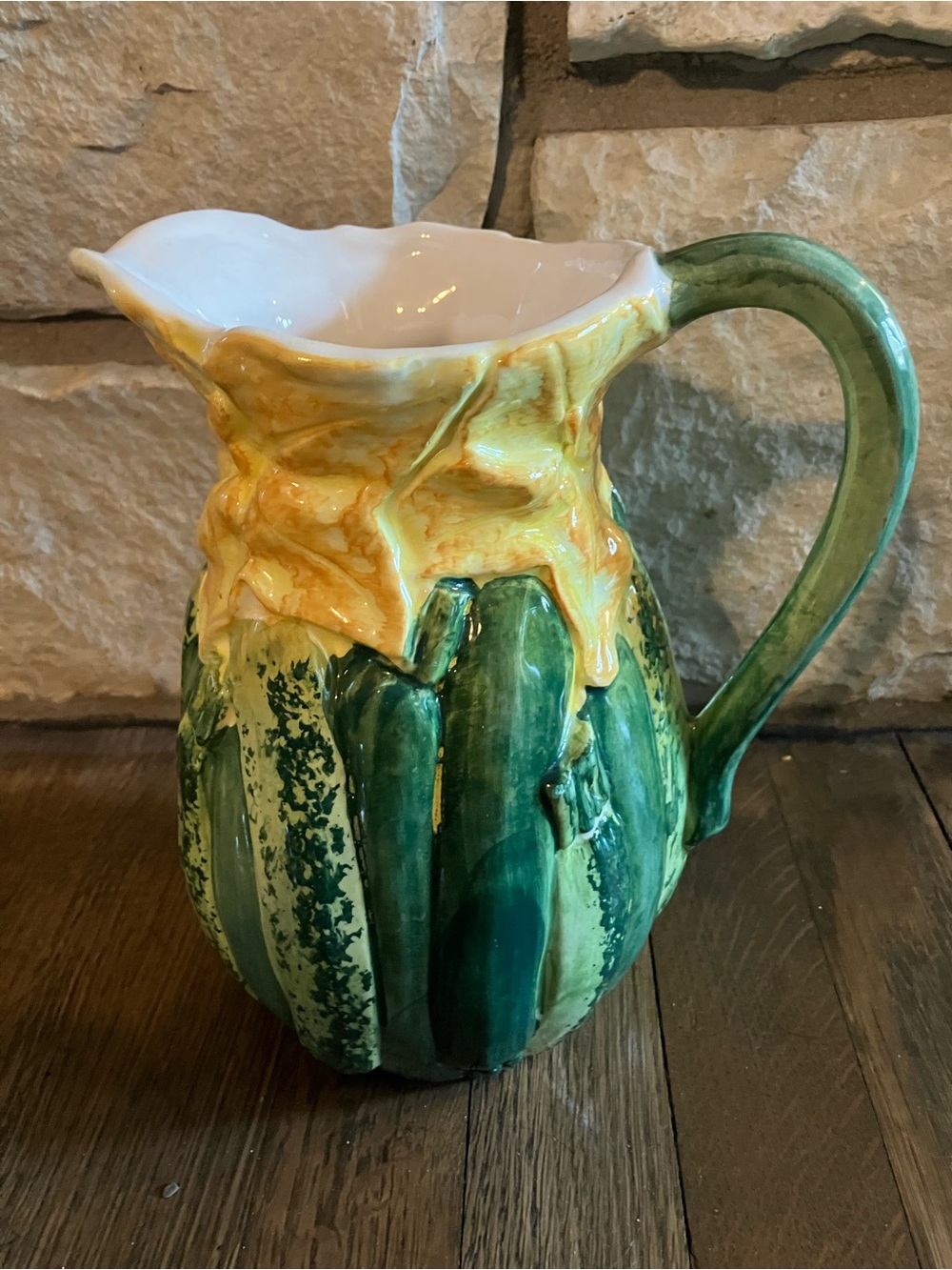 Vintage Valli Ceramiche pitcher, with a flowering green/yellow cucumber pattern